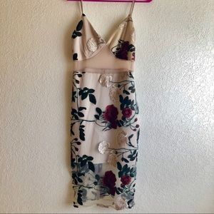 Nude embroidered midi cocktail dress